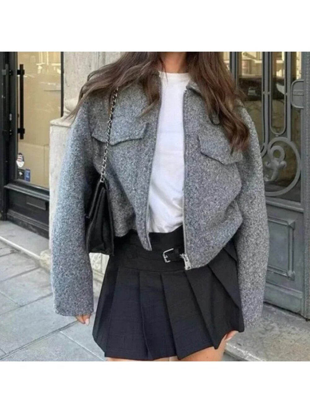 Zara Women’s Gray Cropped Boucle Jacket Zip Front Textured Oversized S